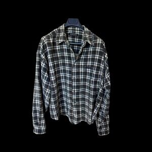 Structure Mens Vintage Plaid Cropped Raw Hem Button Down Shirt Green XL